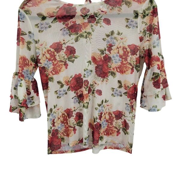 Y2K Blouse XS Cream Blossom Flower Sheer Mesh Tiered Ruffle Sleeve Cottage Core - Picture 9 of 11